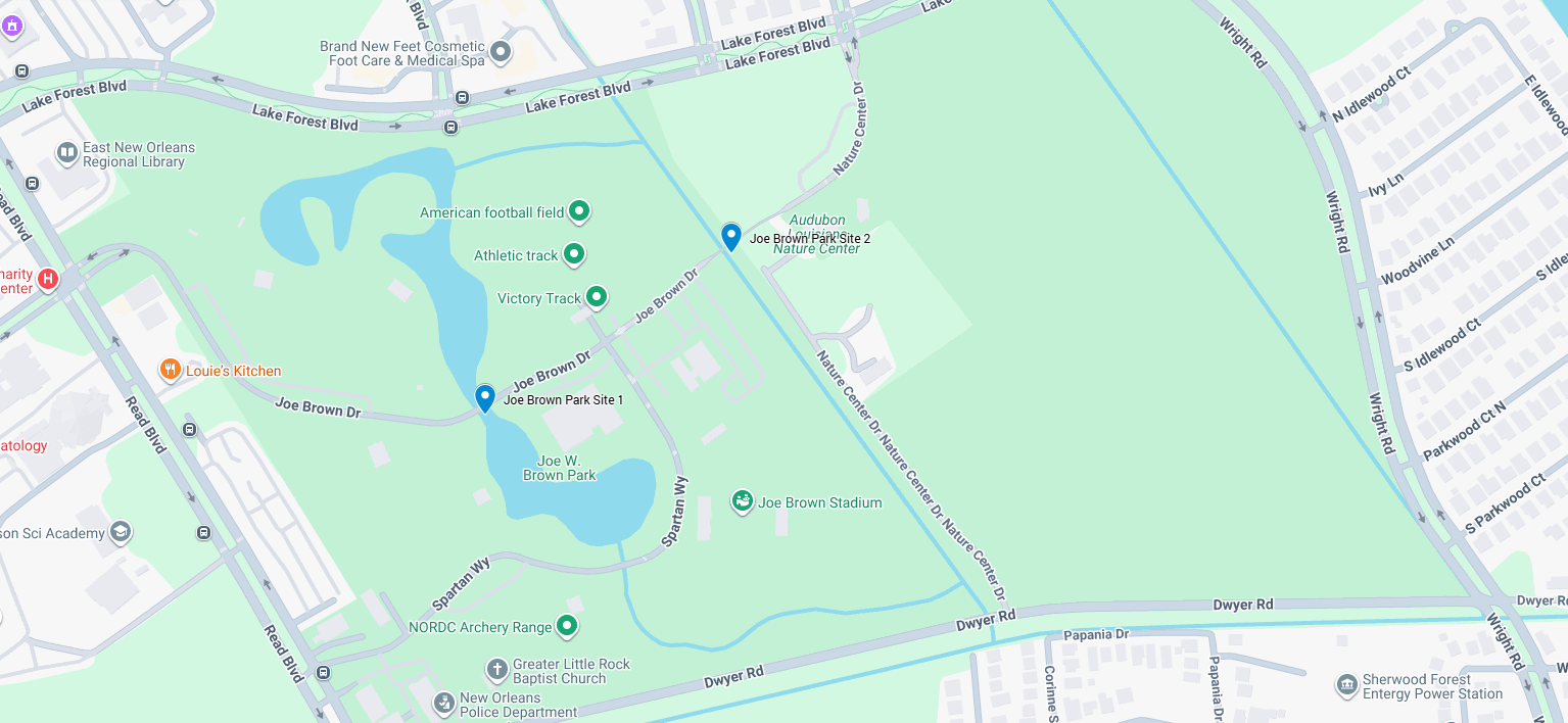 Map of Joe Brown Park and the surrounding area marking the two water quality sampling locations: Joe Brown Park Site 1 at the pond in the center of the park, and Joe Brown Park Site 2 on the canal between the park and the Audubon Nature Center.
